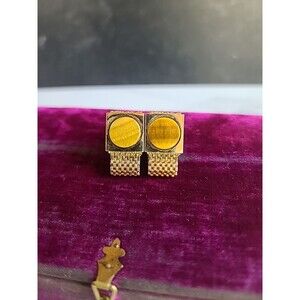 Tiger's Eye Gold Tone Mesh Metal Cufflinks Vintage 1970's